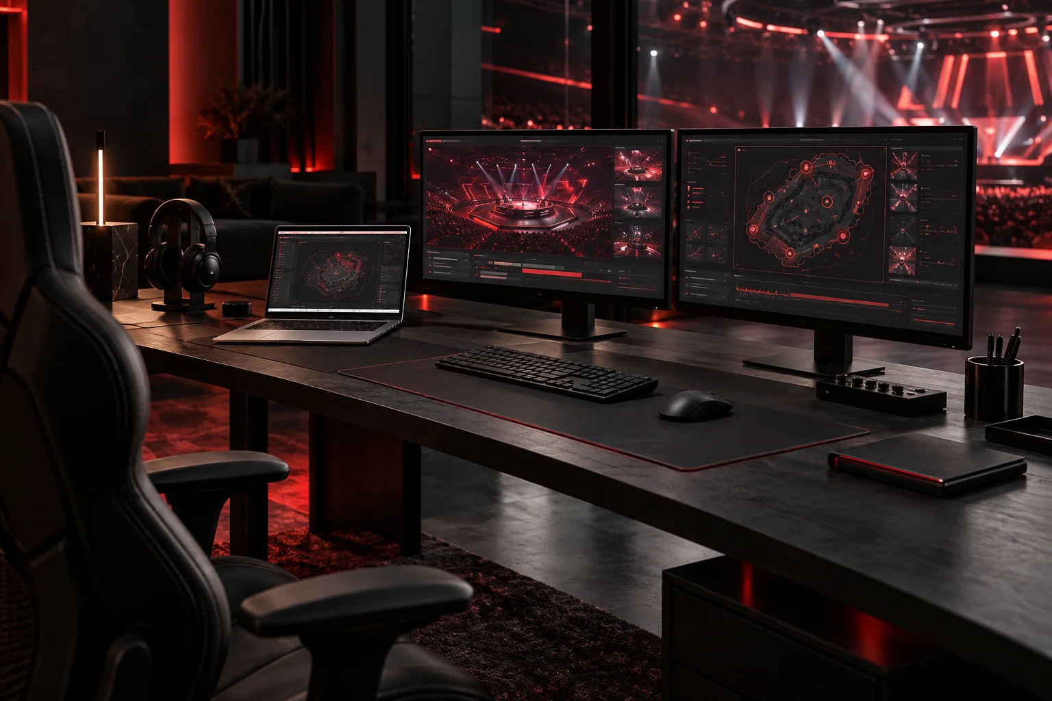 Ambiente conceptual de planeamento de torneios com monitores e iluminação vermelha Ambiente conceptual de planeamento de torneios com monitores e iluminação vermelha