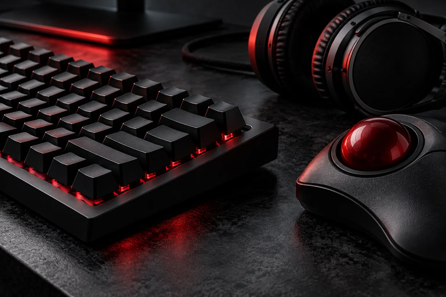 Estudo de equipamento de jogo com teclado e acessórios em ambiente escuro Estudo de equipamento de jogo com teclado e acessórios em ambiente escuro
